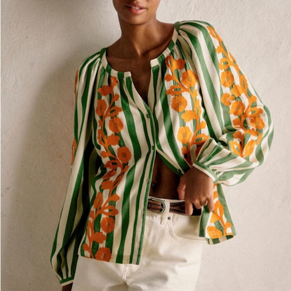 Sézane ANYA Striped Blouse with Floral Embroidery